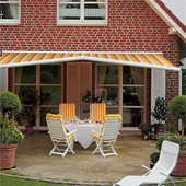 Patio awning with raised gable feature