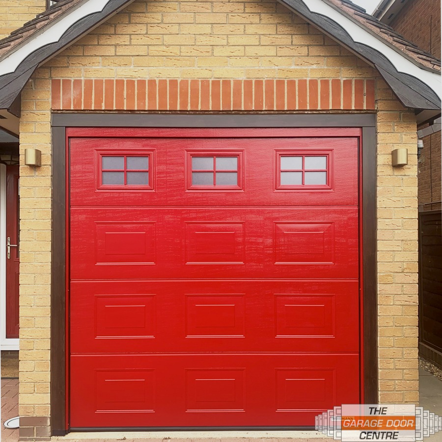red sectional door with windows